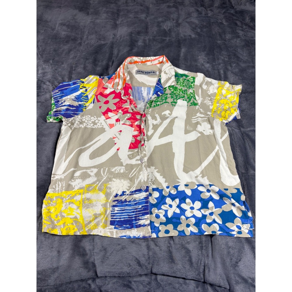 Jams World Womens Large Abstract Floral Collage‎ Rayon Aloha Button Down Shirt